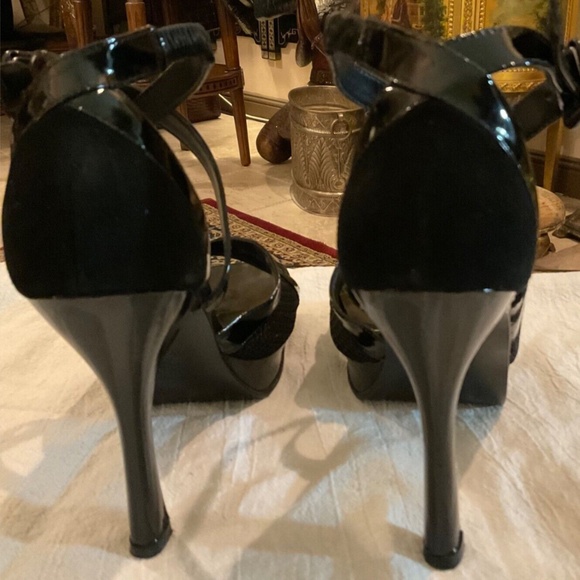 Bebe Black Leather Strappy Sandals Stiletto Heels Size 8 "Fetish" - Picture 6 of 7